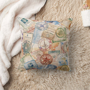 Coussin Timbre de passeport rustique motif voyage (9)