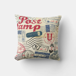 Coussin Timbres de poste rétro, collection vintage.