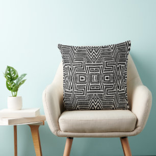 Coussin tissu de boue tribale africaine noir et blanc