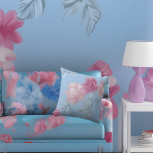 Coussin Tissu de fleurs en soie rose bleu doux