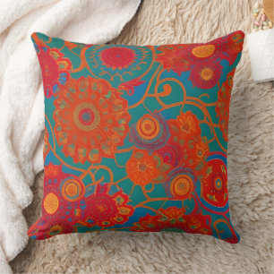 Coussin Tissu marocain exotique rouge orange bleu sarcelle