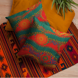 Coussin Tissu marocain exotique rouge orange bleu sarcelle