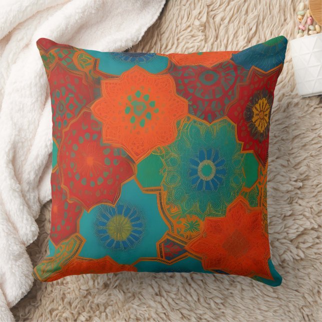 Coussin Tissu marocain rouge exotique orange turquoise ver (Couverture)