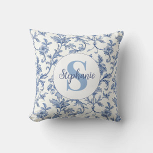 Coussin Toile Bleue Motif Floral Monogramme Nom