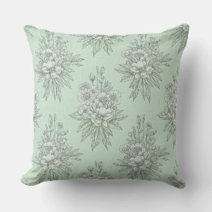 Coussin Toile botanique vert menthe avec bouquets floraux