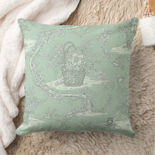 Coussin Toile botanique vert menthe avec bouquets floraux