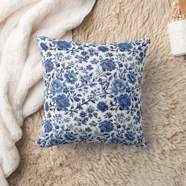 Coussin Toile de Jouy Bleu Blanc Chinoiserie Aquarelle Flo (Couverture)