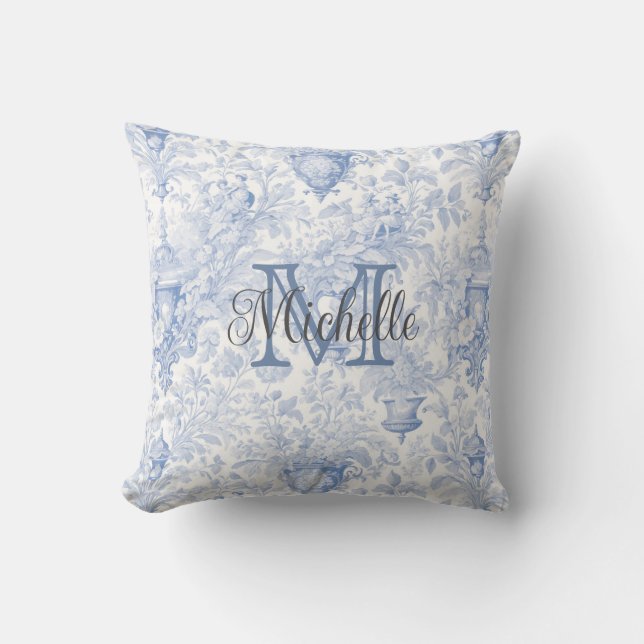 Coussin Toile de Jouy bleu monogramme initiale nom (Recto)