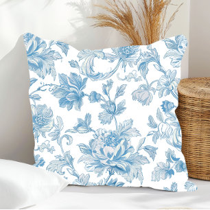 Coussin Toile-de-jouy Chinoiseries motif floral bleu