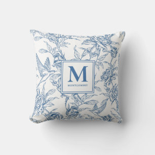 Coussin Toile de Jouy française bleue monogramme nom