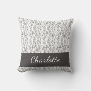 Coussin Toile Florale Noir Blanc Nom Personnalisé