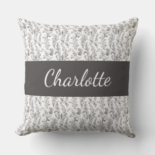 Coussin Toile Florale Noir Blanc Nom Personnalisé