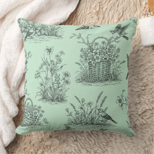 Coussin Toile pastorale vert menthe avec oiseaux et fleurs