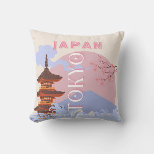 Coussin Tokyo Japan Travel Art, Retro Travel Art, Rose