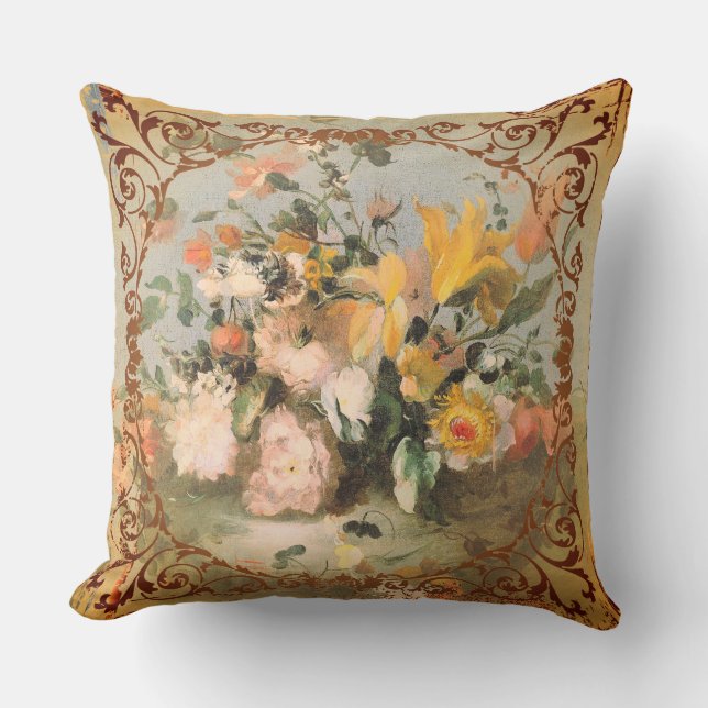 Coussin Tons d'or floraux romantiques (Recto)