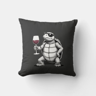 Coussin tortue cool buvant du vin rouge impression d'art_1