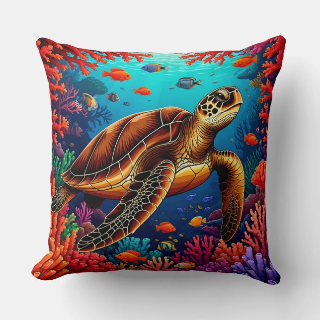 Coussin Tortue de mer et récif corallien animé (Recto)