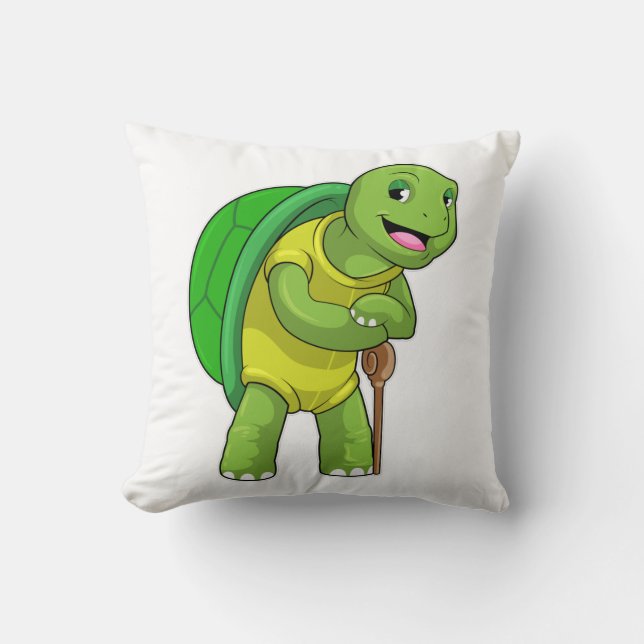 Coussin Tortue en tant que pensionné avec bâton de marche (Recto)