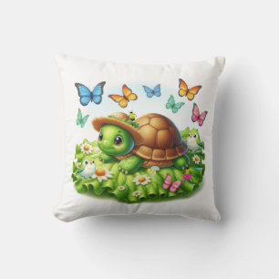 Coussin Tortue et oiseaux dans un jardin fantaisiste