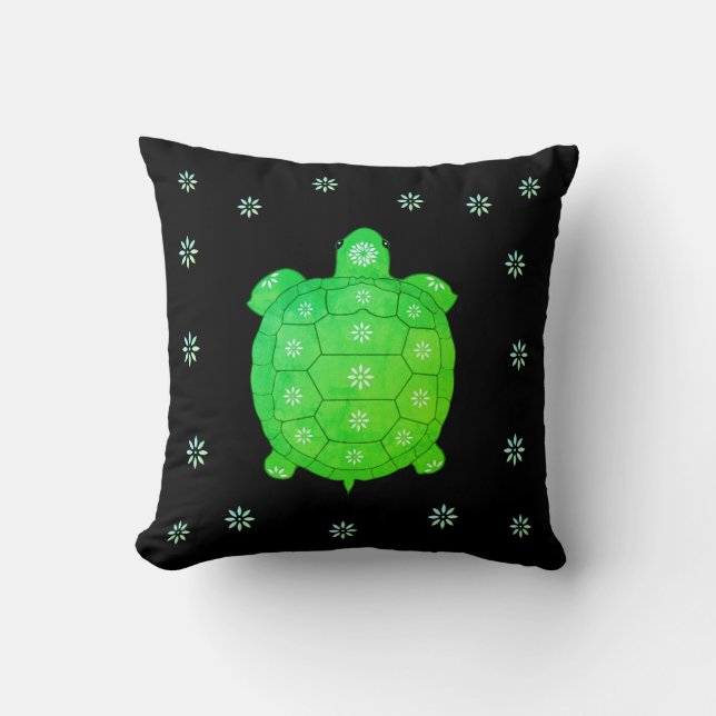 Coussin Tortue verte et moderne sur noir (Recto)