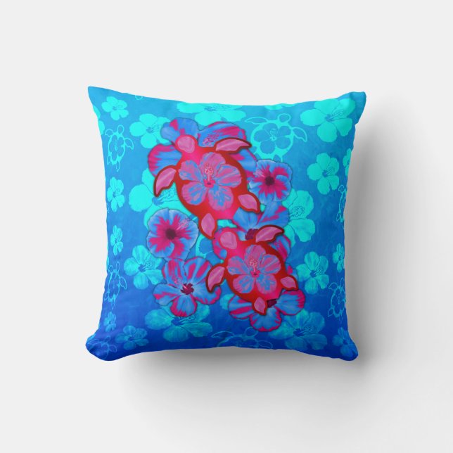 Coussin Tortues de Honu et fleurs tropicales de ketmie (Recto)