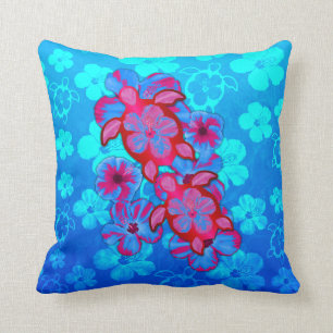 Coussin Tortues de Honu et fleurs tropicales de ketmie