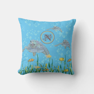 Coussin Tortues de mer et bulles de poissons tropicaux Per
