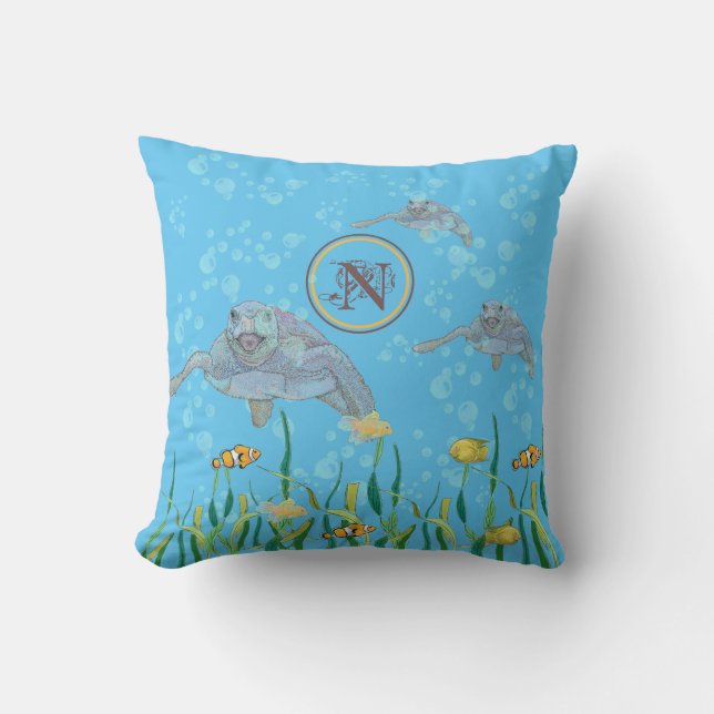 Coussin Tortues de mer et bulles de poissons tropicaux Per (Recto)