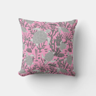 Coussin Tortues de mer mignonnes sur rose et gris