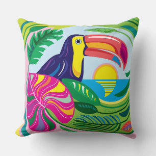 Coussin Toucan et feuilles tropicales