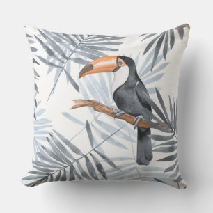 Coussin Toucanes et feuilles de palmiers. Gris