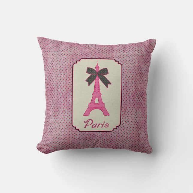 Coussin Tour Eiffel de Paris arc roses et noirs de point (Recto)
