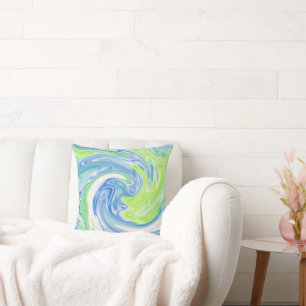 Coussin Tourbillonnant bleu vert et blanc soie Abstrait Co