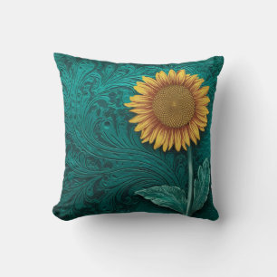 Coussin Tournesol jaune en cuir turquoise