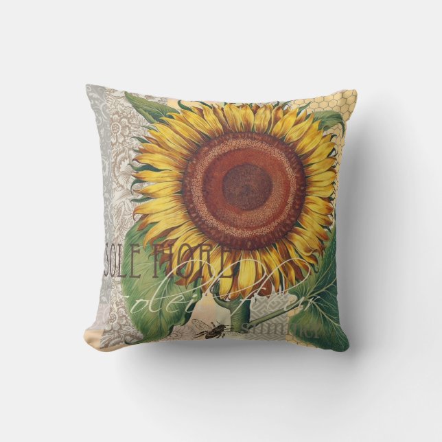 Coussin Tournesol Vintage Damas Fleur Art (Recto)