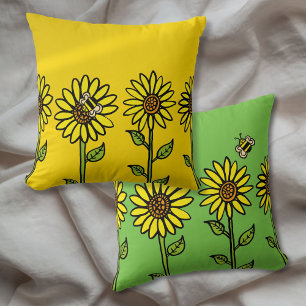 Coussin Tournesols et abeille bourdonnante lumineux heureu