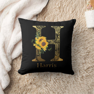Coussin Tournesols H en lettre noire et or