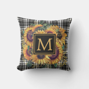 Coussin Tournesols jaunes à carreaux noir et blanc Monogra