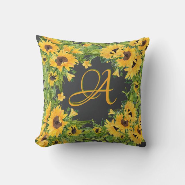 Coussin Tournesols Monogrammes Gris Jaune Décor Rustique (Recto)