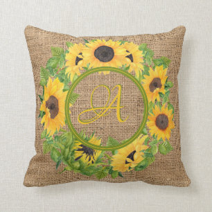 Coussin Tournesols rustiques Monogramme Décor Burlap
