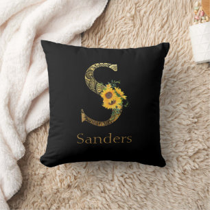 Coussin Tournesols S en lettre noire et or