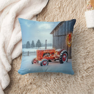 Coussin Tracteur agricole rouge de Noël dans la neige