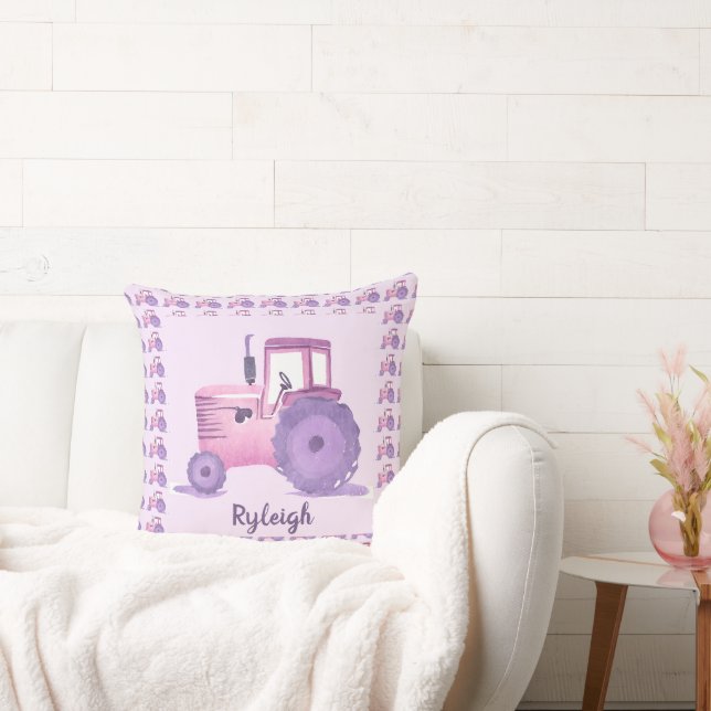 Coussin Tracteur aquarelle rose et violet personnalisable  (Canapé)