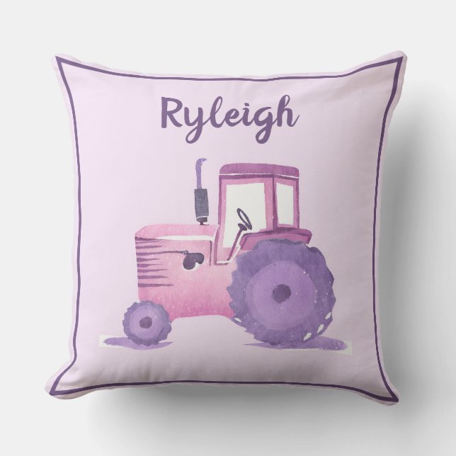 Coussin Tracteur d'aquarelle rose et violet personnalisabl (Recto)