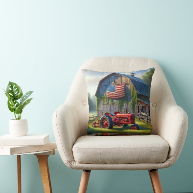 Coussin Tracteur Red Farm avec drapeau américain sur une g (Chaise)
