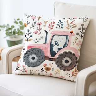 Coussin Tracteur rose avec motif floral, Style Ferme