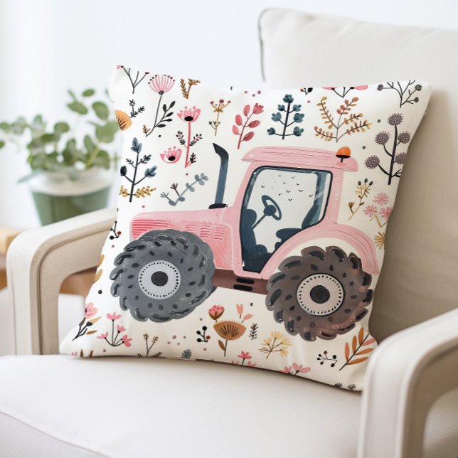 Coussin Tracteur rose avec motif floral, Style Ferme (Créateur téléchargé)