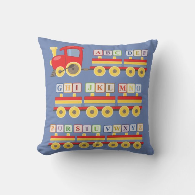 Coussin Train de jouets portant des blocs d'alphabet bleu (Recto)