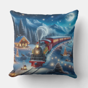 Coussin Train de Noël Magique sous la Neige Scène d'Hiver