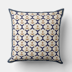 Coussin Trellis d'ancre élégant marine bleu et or